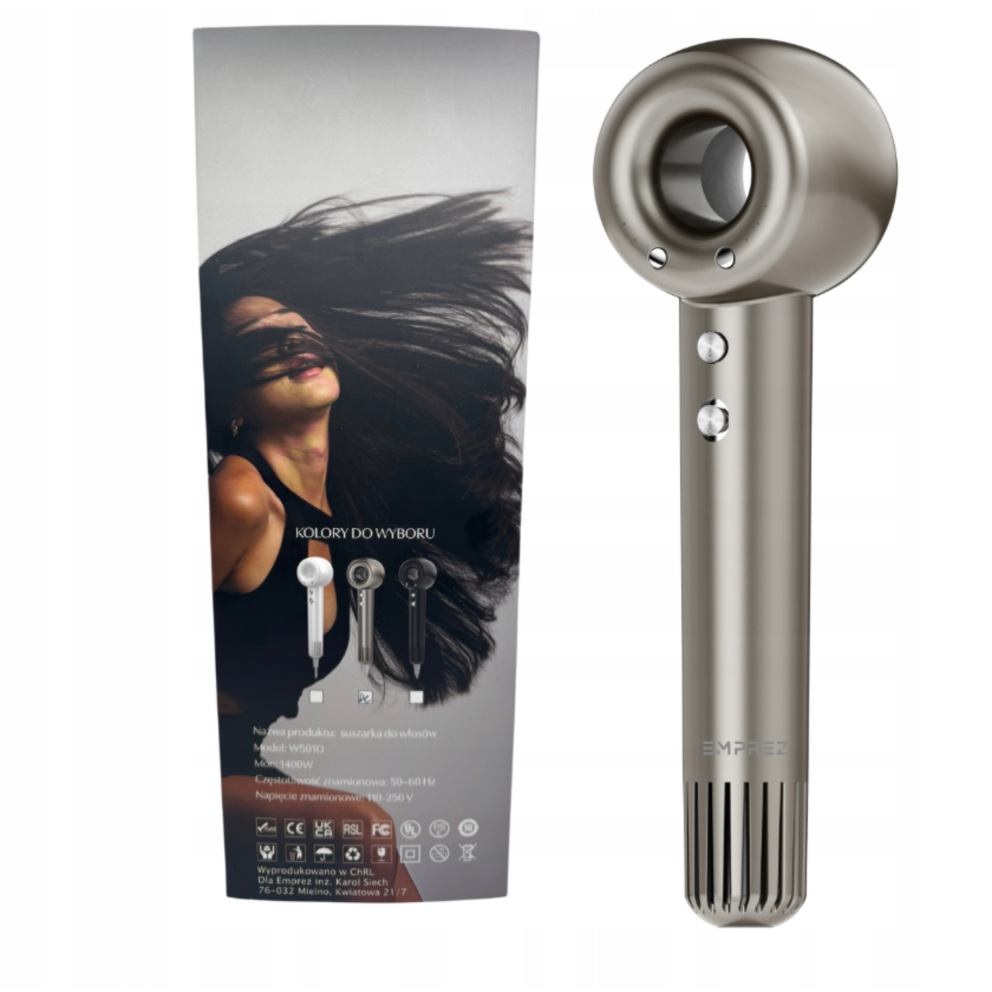 Emprez Airnova 1400W – Profesjonalna Suszarka do Włosów z Jonizacją i Inteligentną kontrolą temperatury | Srebrna